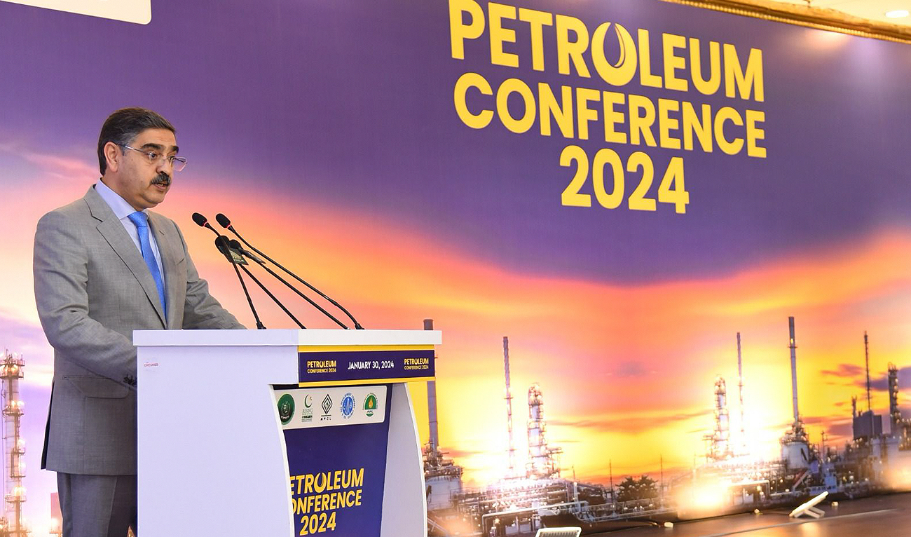Pakistan Prime Minister Anwaar-ul-Haq Kakar addresses participants of the Petroleum Conference 2024 in Islamabad on January 30, 2024. (Photo courtesy: PMO)