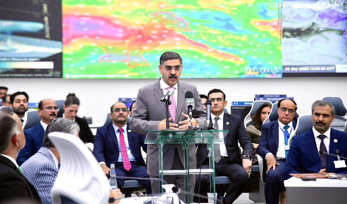 Pakistan’s Caretaker Prime Minister Anwaar-ul-Haq Kakar is addressing a meeting in Islamabad, Pakistan, on October 5, 2023. (Government of Pakistan/File)