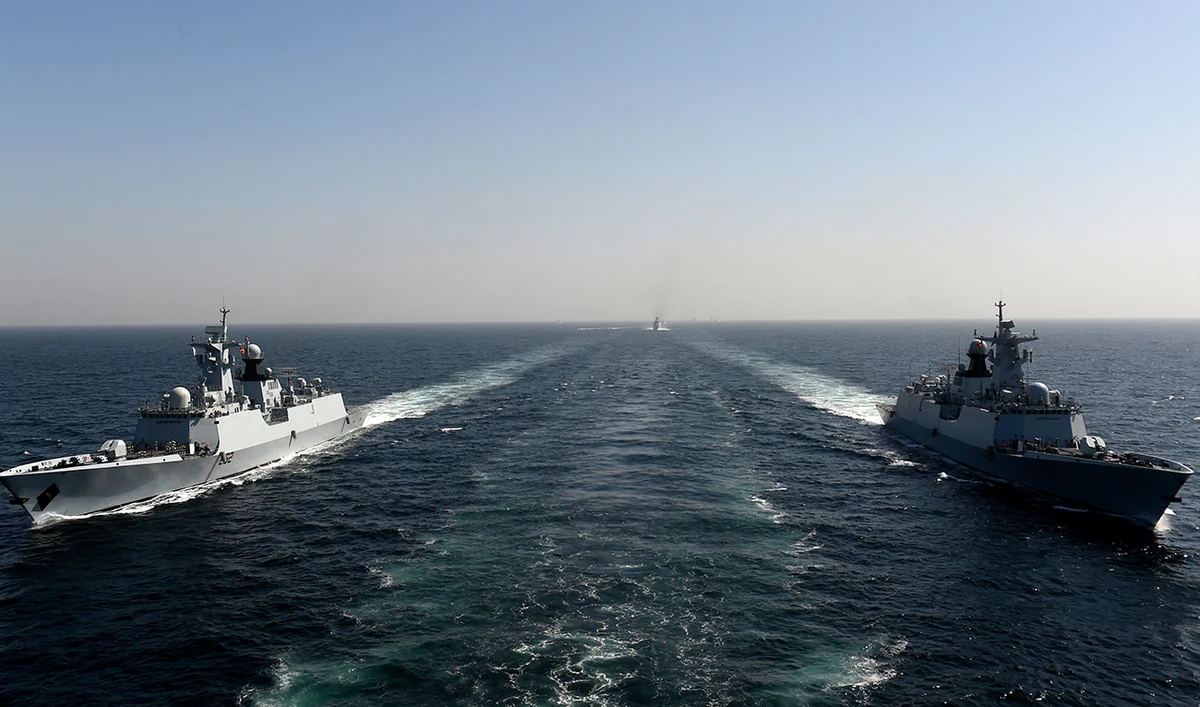 Pakistan Navy Ship (PNS) Taimur (L) and Tughril (R) take part during the multinational naval exercise 'AMAN-23' in the Arabian Sea near Pakistan's port city of Karachi on February 13, 2023. (AFP/File)