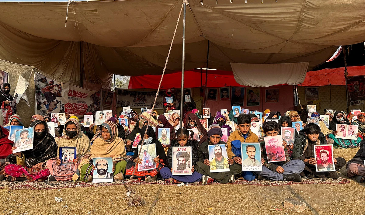 Baloch protestors stage a sit-in outside the National Press Club in Islamabad on January 8, 2023, against the “enforced disappearances” and “genocide” of ethnic Baloch people in the province. (Photo courtesy: X/@BYCislamabad)