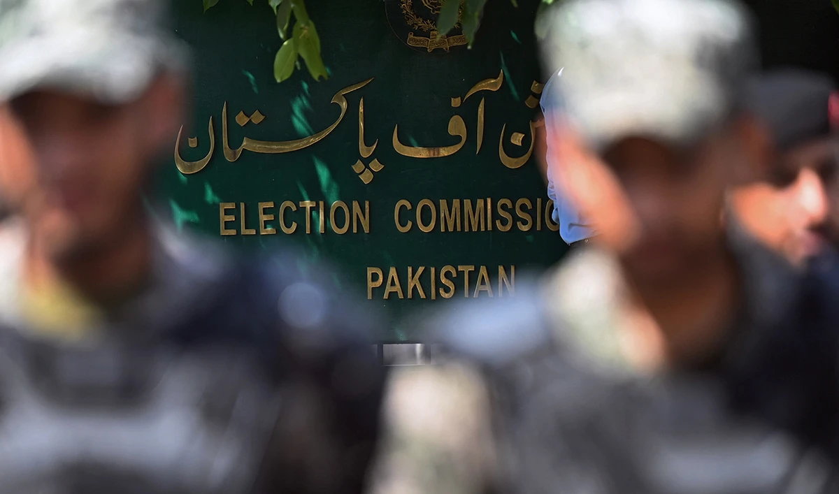 Paramilitary soldiers stand guard outside the Pakistan’s election commission building in Islamabad on August 2, 2022. (AFP/File)