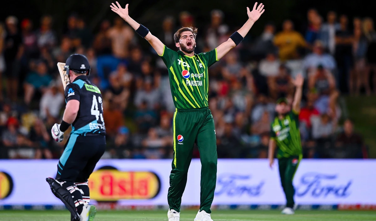 Shaheen Afridi of Pakistan appeals to the umpire while bowling to New Zealand during their T20 cricket match in Christchurch, New Zealand, on January 19, 2024. (AP)