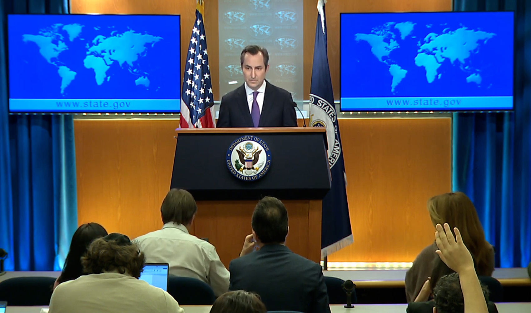 Matthew Miller, a spokesperson for the US State Department, is addressing a press briefing in Washington, US, on January 31, 2024. (US State Department)