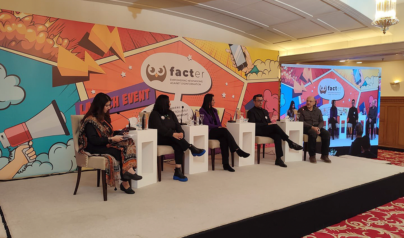 Veteran Pakistani journalist Haroon Rashid (right) speaks during the launching of a new fact-checking initiative, "Facter," by Media Matters for Democracy (MMfD), a Pakistani information literacy organization, in Islamabad on February 2, 2024. (Photo courtesy: X/@mmfd_Pak)
