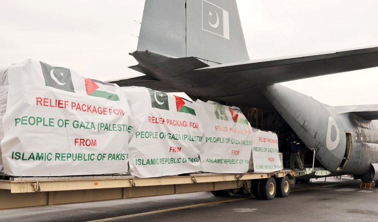 Humanitarian aid supplies from the Government of Pakistan for the civilian population in Gaza are loaded into a plane at Islamabad Airport in Islamabad, Pakistan on February 04, 2024. (Photo courtesy: NDMA)