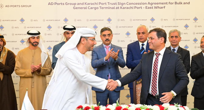Officials from the Karachi Port Trust, Pakistan (right) and Abu Dhabi Ports Group, UAE (left) shake hands after signing of a Memorandum of Understanding between Pakistan and UAE in Islamabad on February 3, 2024. (Photo courtesy: PMO)