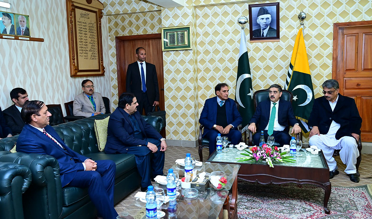 Pakistan's Caretaker Prime Minister Anwaar-ul-Haq Kakar meets his counterpart from Azad Jammu and Kashmir, Chauhdary Anwar ul Haq, and Speaker Azad Kashmir Chauhdary Lateef Akbar in Muzaffarabad on February 5, 2024. (Photo courtesy: PMO)