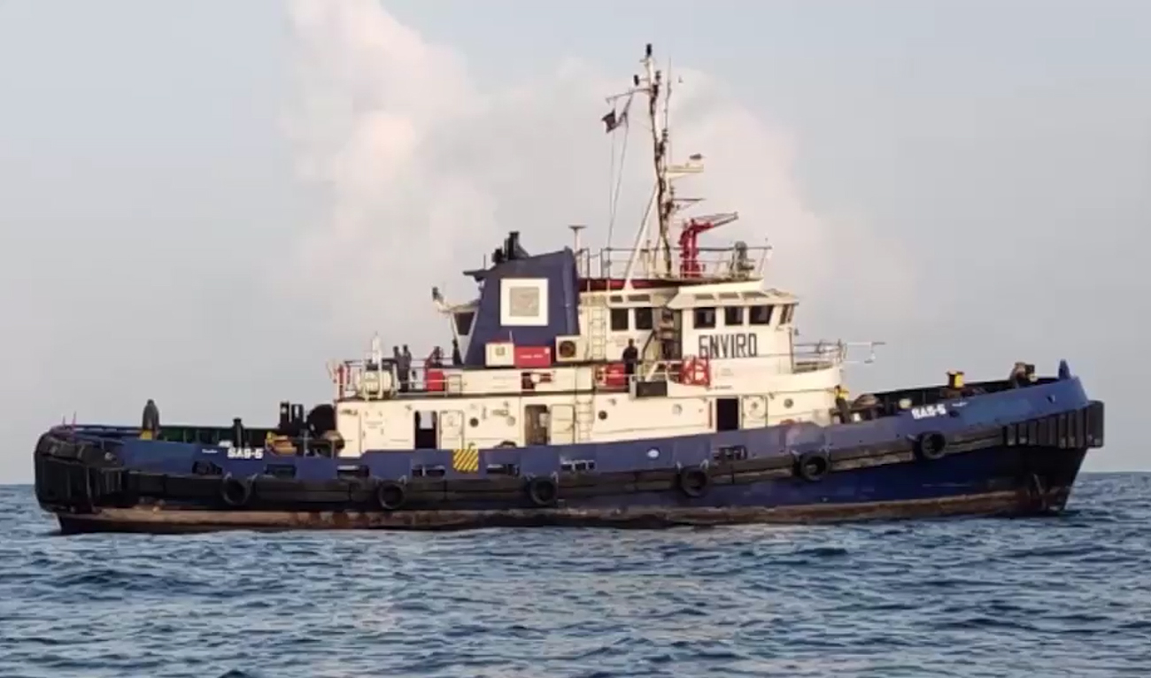 This screengrab, taken from a handout video released by the Pakistan Navy, shows a disabled tug carrying nine Indian seamen en route to Sharjah on February 5, 2024. The Pakistan Navy says it has rescued nine Indian seamen who were stranded in the tug. (Photo courtesy: Pakistan Navy)