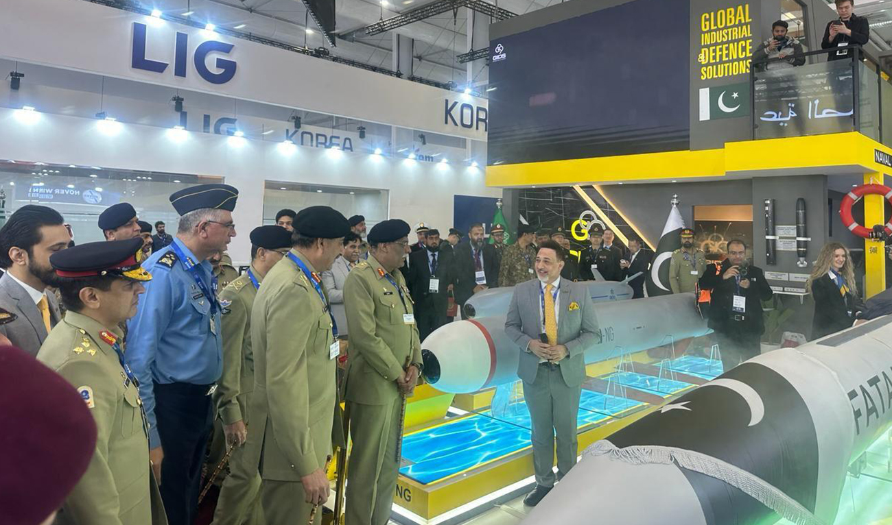 Chairman Joint Chiefs of Staff Committee (JSCS) General Sahir Shamshad Mirza pictured at Pakistan’s stall at the World Defense Show in Saudi Arabia, on February 6, 2024. (Military's media wing)