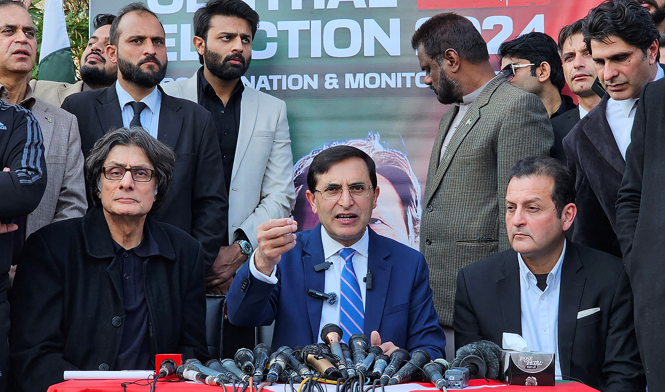Gohar Ali Khan, chairman of Pakistani former Prime Minister Imran Khan's Pakistan Tehreek-Insaf (PTI) party, addresses a press conference at the party's office in Islamabad on February 10, 2024. (REUTERS)