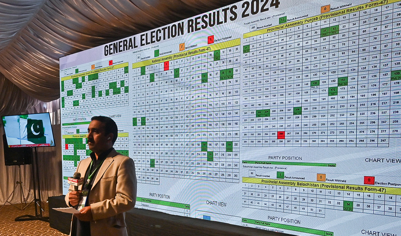 A television journalist reports as he stands in front of a screen displaying live election results in the Election Commission office in Islamabad on February 9, 2024, a day after national elections were held in the country. (AFP/File)