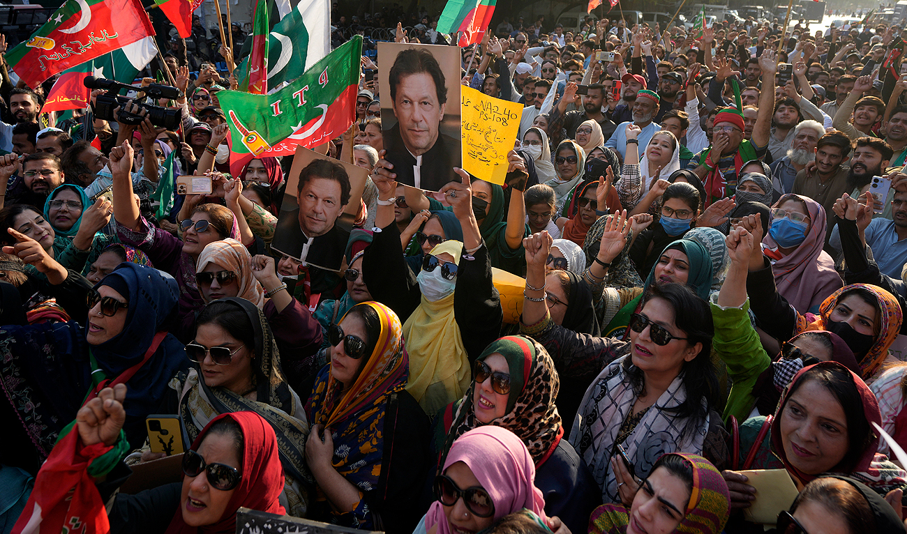 Supporters of imprisoned Pakistan's former Prime Minister Imran Khan's party chant slogans during a protest against the delaying result of parliamentary election by Pakistan Election Commission, in Karachi, Pakistan, Sunday, Feb. 11, 2024. (AP)
