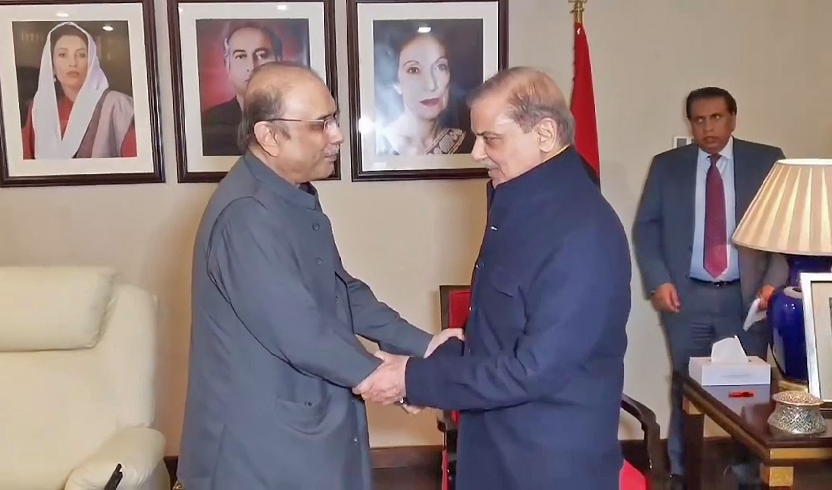 Pakistan Peoples Party chairman Asif Ali Zardari (left) meets Pakistan Muslim League-Nawaz (PML-N)'s Shehbaz Sharif in Lahore, Pakistan, on February 11, 2024. (PPP/Instagram)