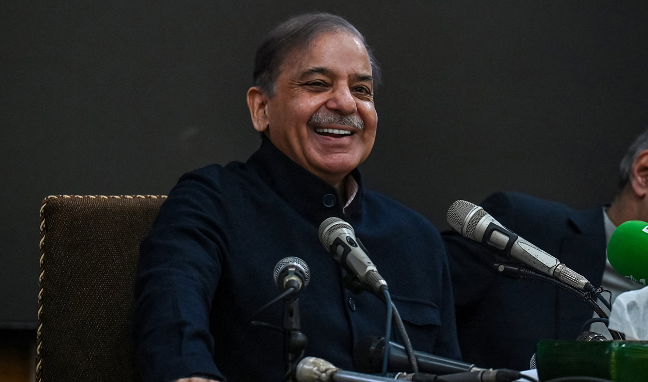 Pakistan's former Prime Minister and leader of the Pakistan Muslim League-Nawaz (PML-N) party Shehbaz Sharif speaks during a press conference in Lahore on February 13, 2024. (AFP)