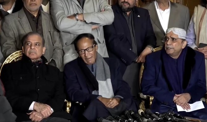 Former Pakistani Prime minister Shehbaz Sharif (L), Chaudhry Shujaat Hussain, the leader of the Pakistan Muslim League (Q) party (C) and Pakistan's former president Asif Ali Zardari are pictured during a press conference in Lahore, Pakistan on February 13, 2024. (Photo courtesy: @pmln_org/X)