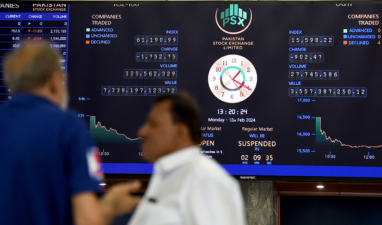 Stock brokers monitor share prices displayed on a digital screen during a trading session at the Pakistan Stock Exchange (PSX) in Karachi on February 12, 2024. (AFP)