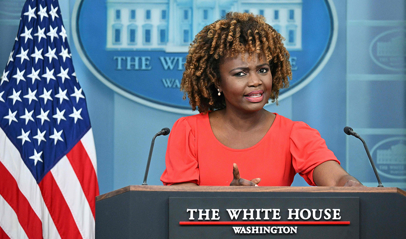 White House Press Secretary Karine Jean-Pierre speaks during the daily press briefing in the Brady Press Briefing Room of the White House in Washington, DC on February 12, 2024. (AFP)