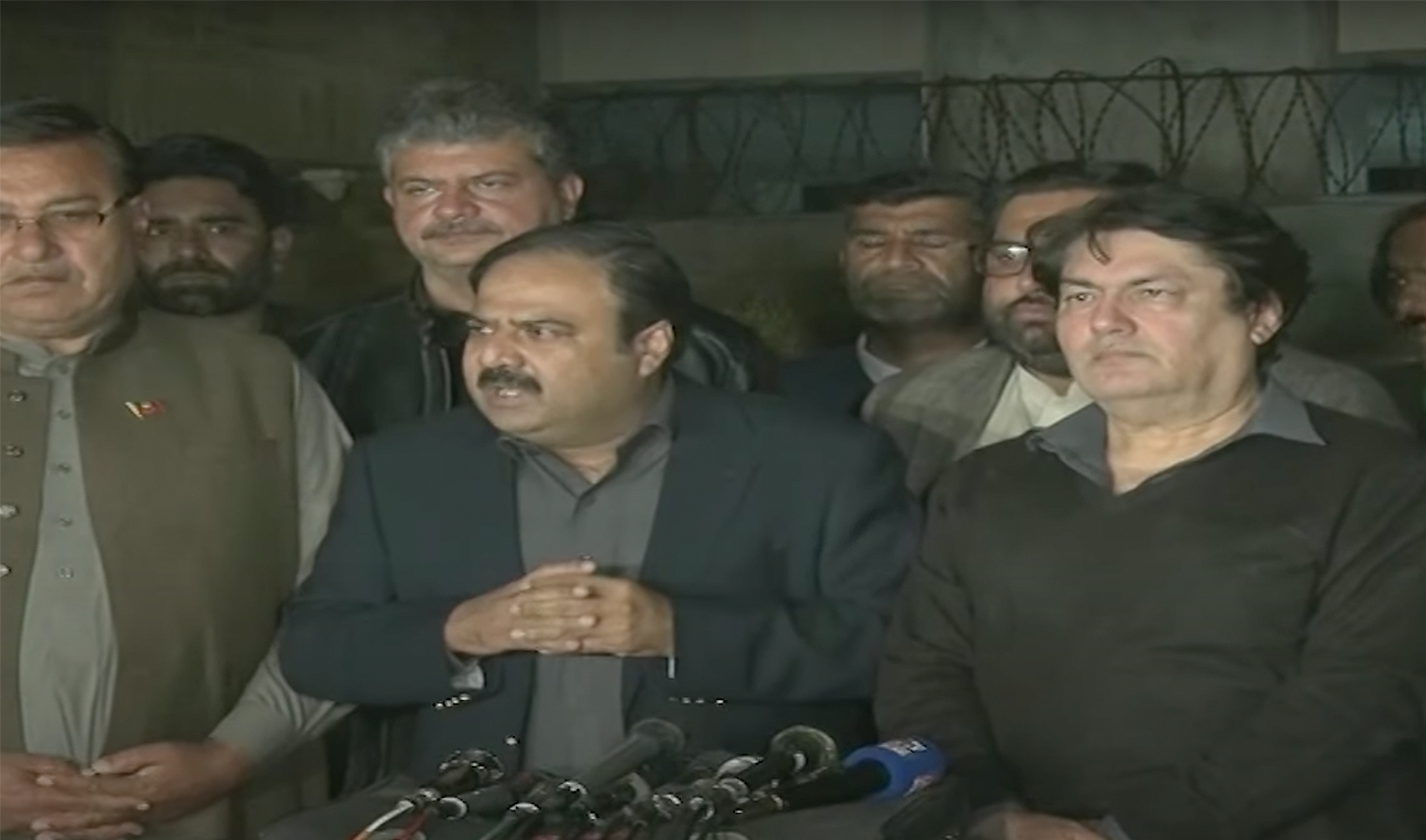 Pakistan Tehreek-e-Insaf (PTI) party's Barrister Muhammad Ali Saif (right) is pictured during a media talk with Aftab Shahir Pao (center), Chairman of the Pashtun nationalist Qaumi Watan Party, in Peshawar, Pakistan, on February 16, 2024. (Social Media)
