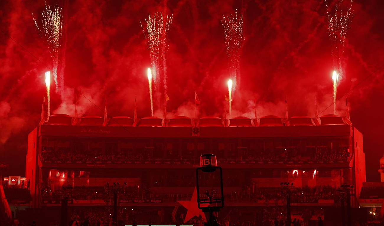This photograph shows fireworks over the stadium during the opening ceremony of the 9th edition of Pakistan Super League (PSL) Twenty20 cricket with the first match between Lahore Qalandars and Islamabad United at the Gaddafi Cricket Stadium in Lahore on February 17, 2024. (Photo courtesy: PCB)