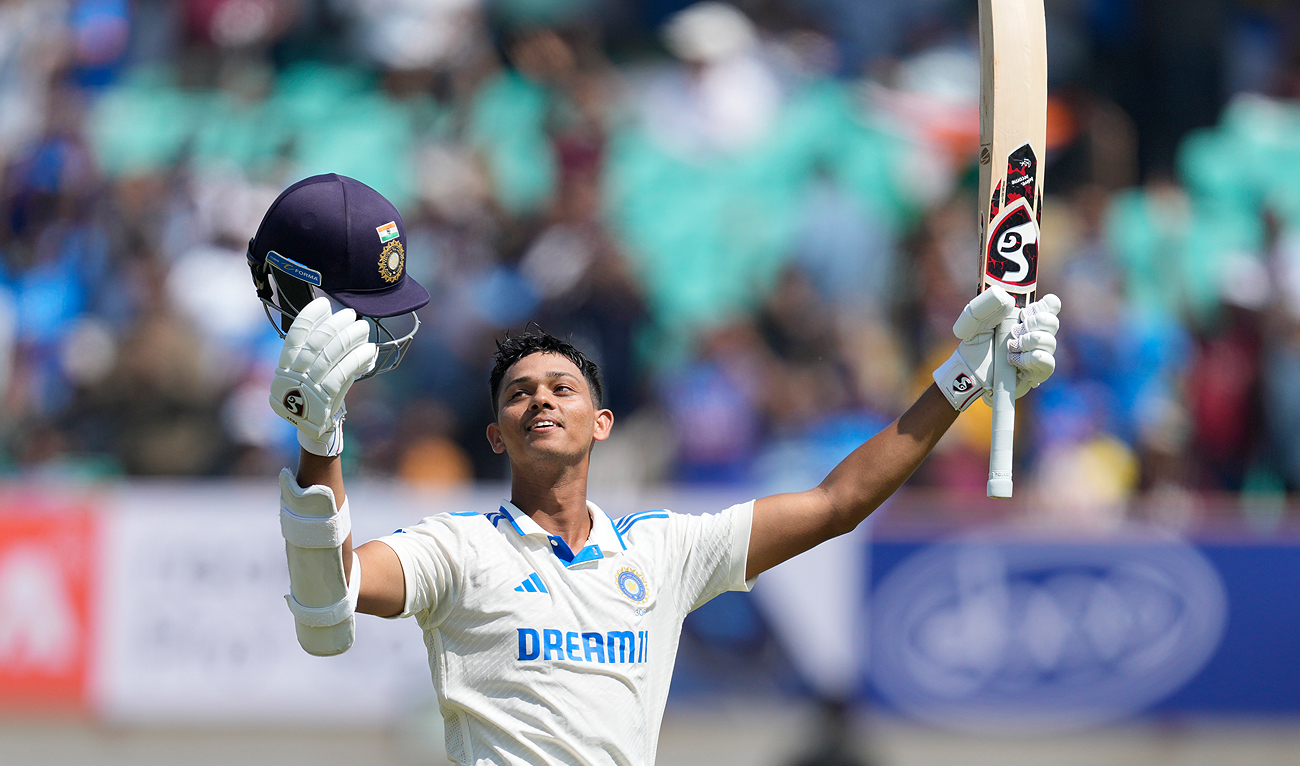 India's Yashasvi Jaiswal celebrates his double century on the fourth day of the third cricket test match between England and India in Rajkot, India, Sunday, Feb. 18, 2024. (AP)
