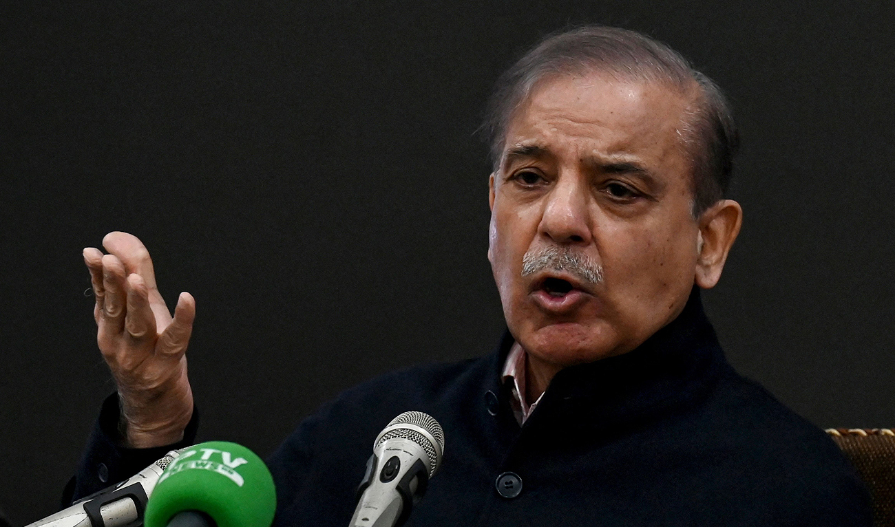 Pakistan's former Prime Minister and leader of the Pakistan Muslim League-Nawaz (PML-N) party Shehbaz Sharif speaks during a press conference in Lahore on February 13, 2024. (AFP)