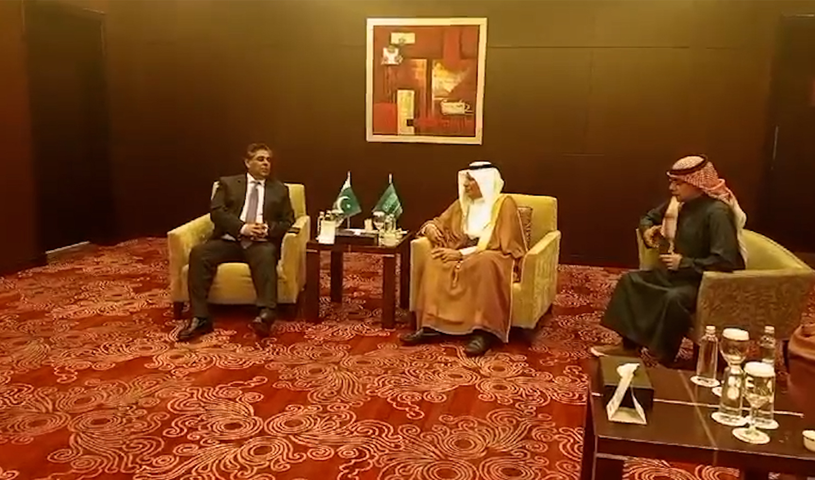 Pakistan's Caretaker Commerce Minister Dr. Gohar Ejaz (left) meets chairman of the Federation of Saudi Chambers, Hassan Al-Huwaizi, in Saudi Arabia on February 22, 2024. (Pakistan Embassy in Saudi Arabia)