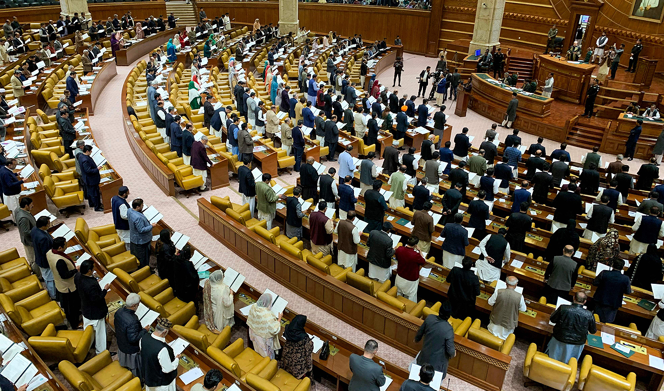 Newly elected members take oath at the provincial legislature of Pakistan’s Punjab Assembly in Lahore on February 23, 2024. (AFP)