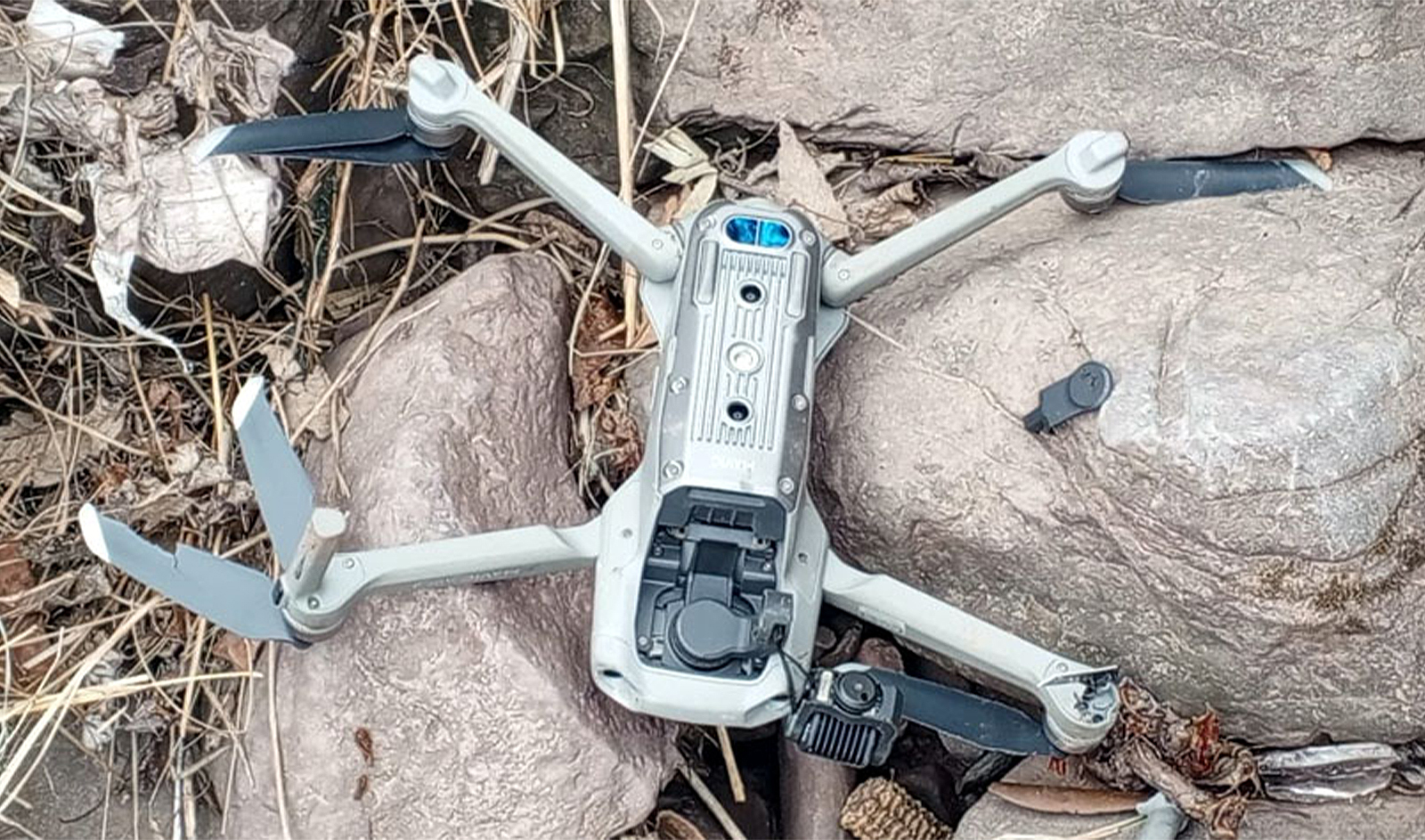 The picture shared by Pakistan’s state-run media on February 27, 2024, shows Indian “spy” drone shot down by Pakistani forces in the disputed Kashmir territory on February 25, 2024. (Radio Pakistan)