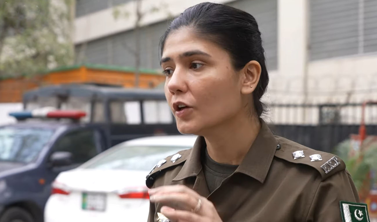 the still image taken from a video posted on February 26, 2024, shows police officer Syeda Shehrbano Naqvi speaking during an interview with BBC in Lahore, Pakistan. (Photo courtesy: BBC)