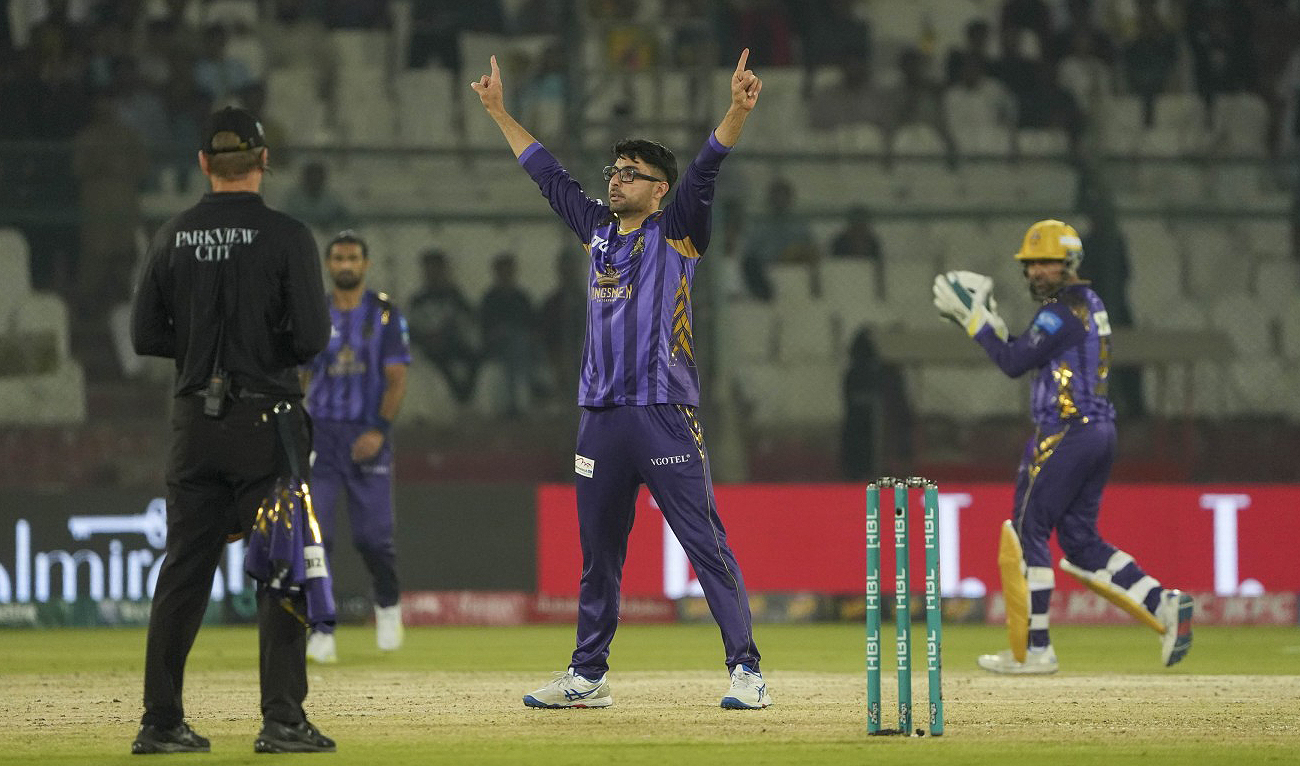 Quetta Gladiators’ Abrar Ahmed gestures after taking wicket during the Pakistan Super League T20 match against Karachi Kings at the National Stadium in Karachi on February 29, 2024. (Photo courtesy: PCB)