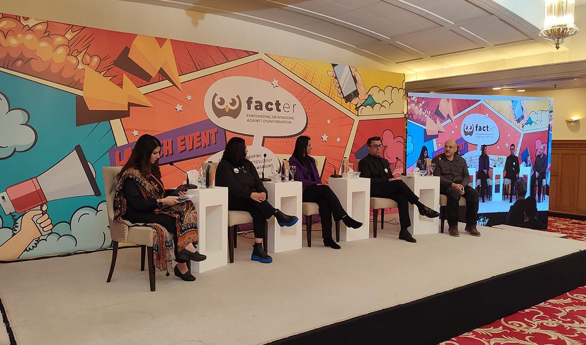 Veteran Pakistani journalist Haroon Rashid (right) speaks during the launching of a new fact-checking initiative, "Facter," by Media Matters for Democracy (MMfD), a Pakistani information literacy organization, in Islamabad on February 2, 2024. (Photo courtesy: X/@mmfd_Pak)