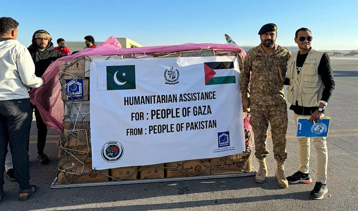 A special aircraft carrying hundred tons of relief goods donated by Pakistan for the suffering people of Gaza arrived in Egypt on February 7, 2024. (Radio Pakistan)