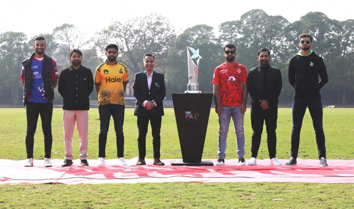 Pakistan Super League team captains pose for a picture with the PSL trophy in Lahore, Pakistan on February 13, 2024. (PCB)