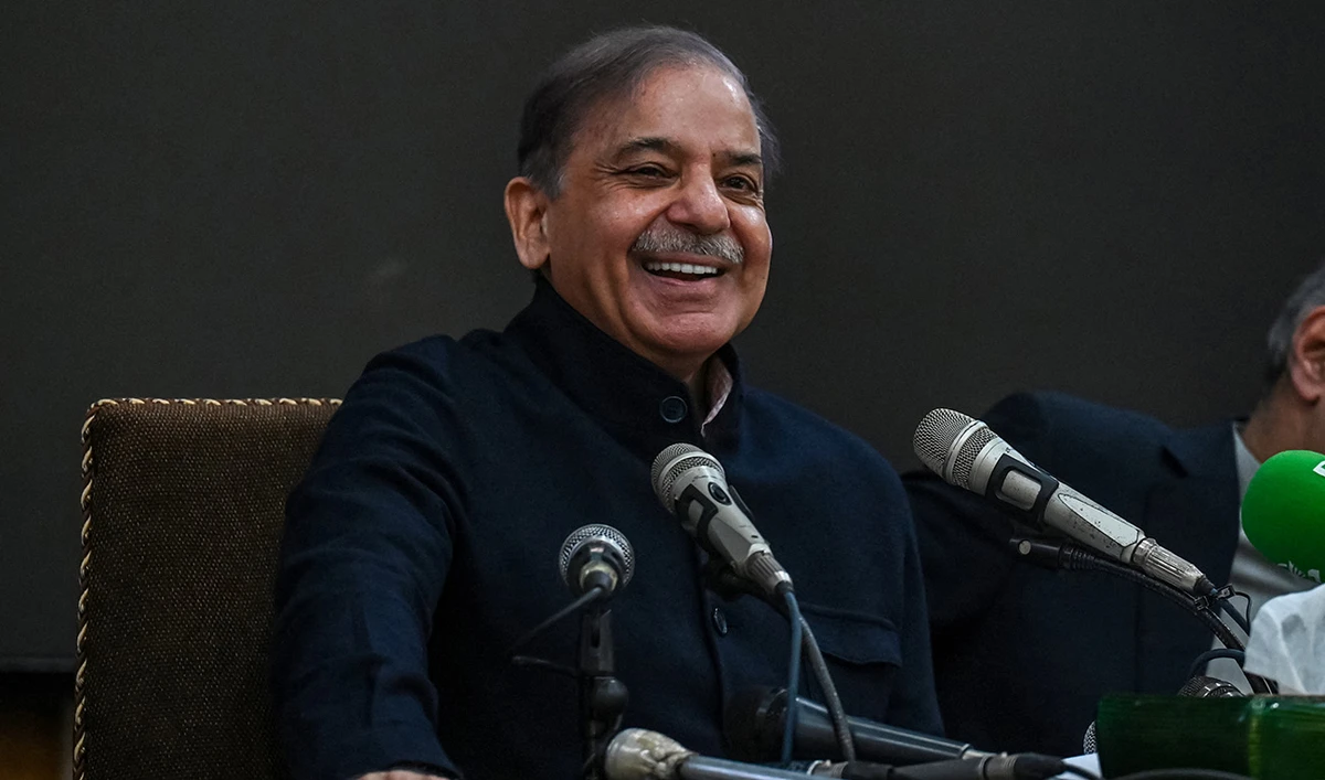 Pakistan's former Prime Minister and leader of the Pakistan Muslim League-Nawaz (PML-N) party Shehbaz Sharif speaks during a press conference in Lahore on February 13, 2024. (AFP)