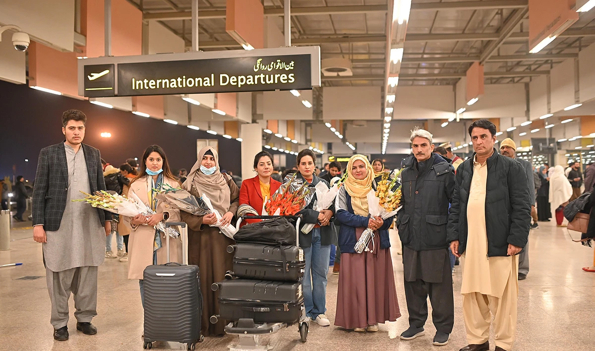 A group of Pakistani professionals departs for Saudi Arabia after securing employment from Islamabad, Pakistan, on February 5, 2024. (Courtesy: Jawad Sohrab Malik)
