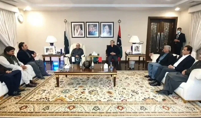 Political leaders from the major Pakistani parties, Pakistan Peoples Party and Pakistan Muslim League-Nawaz, meet in Lahore on February 11, 2024, after elections present no clear winner. (PPP/File)