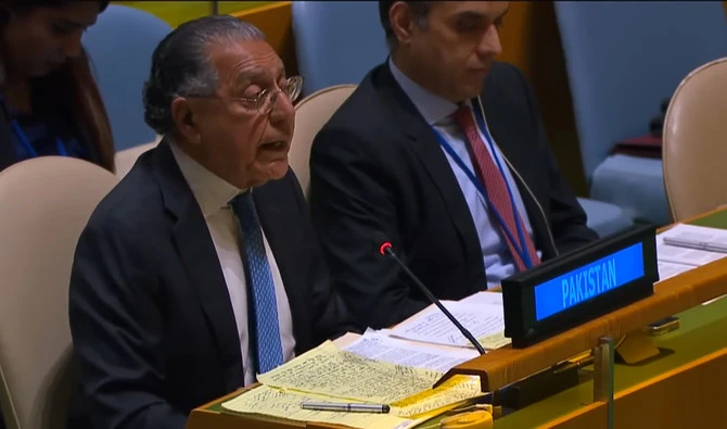 Permanent Representative of Pakistan to the United Nations Ambassador Munir Akram addresses the UN General Assembly at the United Nations headquarters on December 12, 2023, in New York City, USA. (Photo courtesy: @pakistanmissiontotheunited3181/Youtube)
