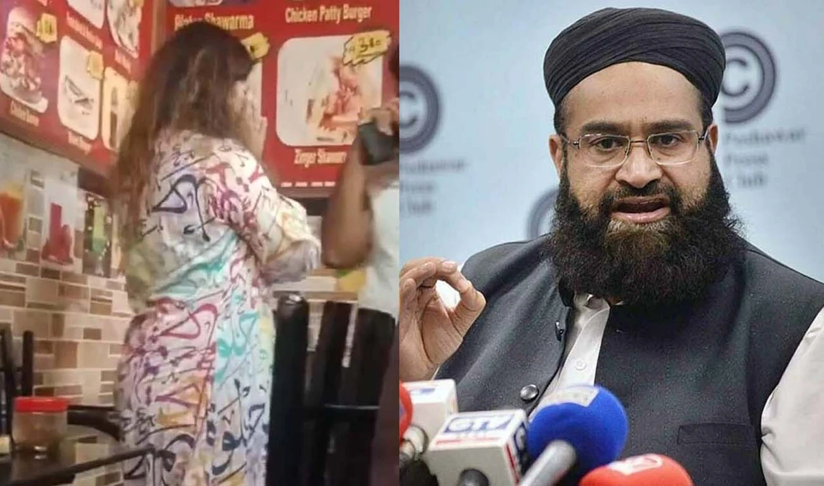 The combination of photos shows woman wearing an Arabic-inscribed shirt (left) in Lahore, Pakistan on February 25, 2024, and an undated file photo of Hafiz Muhammad Tahir Mehmood Ashrafi, chairman of the Pakistan Ulema Council. (Photo courtesy: @nuvi_ch/X/Business recorder)