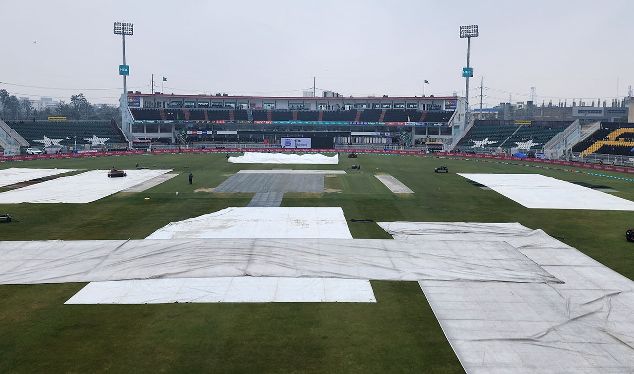 A general view of the covered pitch at the Pindi Cricket Stadium as rain delays the match between Peshawar Zalmi and Lahore Qalandars in Rawalpindi, Pakistan on March 2, 2024. (PCB)