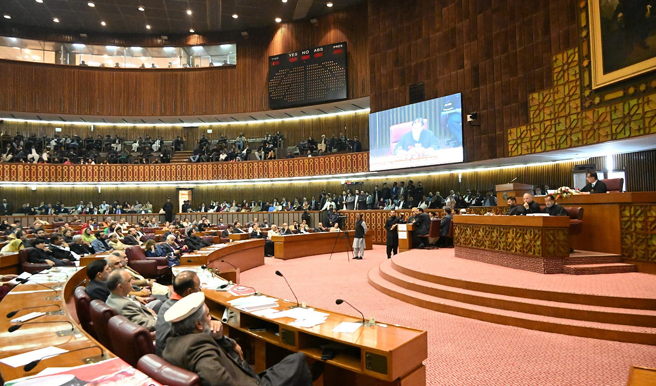In this handout photo, taken and released by the Government of Pakistan, members of Pakistan’s lower house of the parliament attend the National Assembly meeting in Islamabad on March 1, 2024. (Photo courtesy: Facebook/ NationalAssemblyOfPakistan)