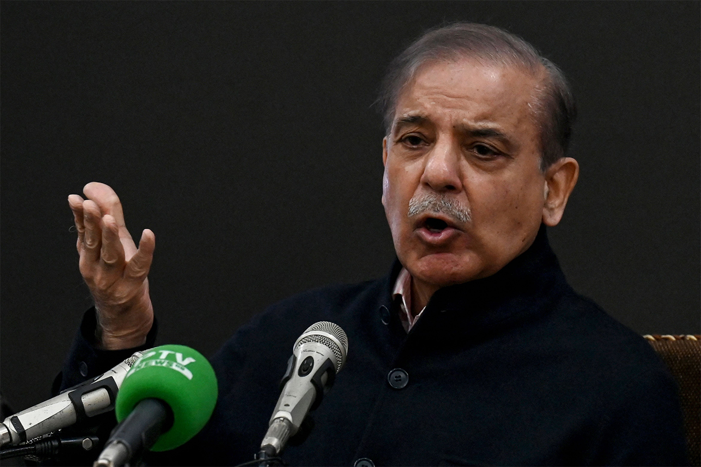 (FILES) Pakistan's former Prime Minister and leader of the Pakistan Muslim League-Nawaz (PML-N) party Shehbaz Sharif speaks during a press conference in Lahore on February 13, 2024. (AFP/File)