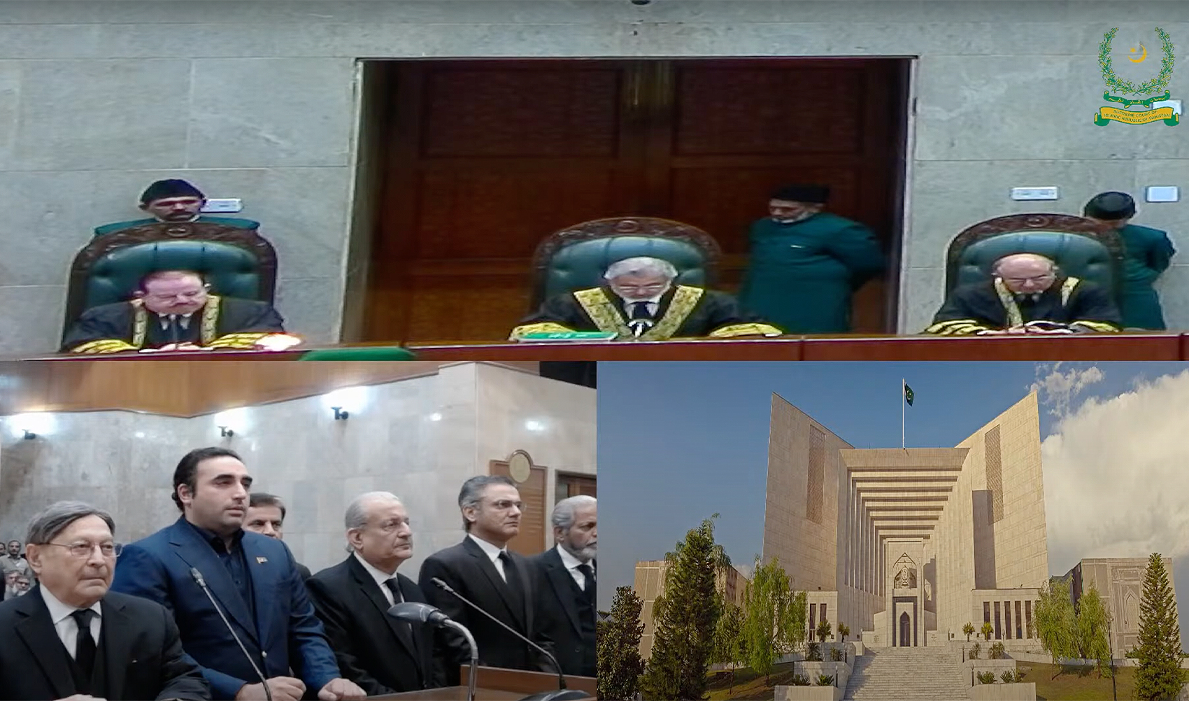 The screengrab taken from a video shared by Supreme Court of Pakistan shows top judges announcing the verdict in a presidential reference to review the 44-year-old death sentence of former prime minister Zulfikar Ali Bhutto in Islamabad, Pakistan. (Supreme Court of Pakistan)