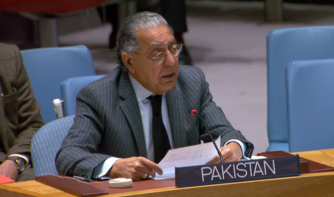 Ambassador Munir Akram, Islamabad’s permanent representative to the United Nations speaks at the UNSC’s United Nations Assistance Mission in Afghanistan (UNAMA) briefing on December 21, 2023, in New York, USA. (Photo courtesy: Pakistan Mission to the United Nations)