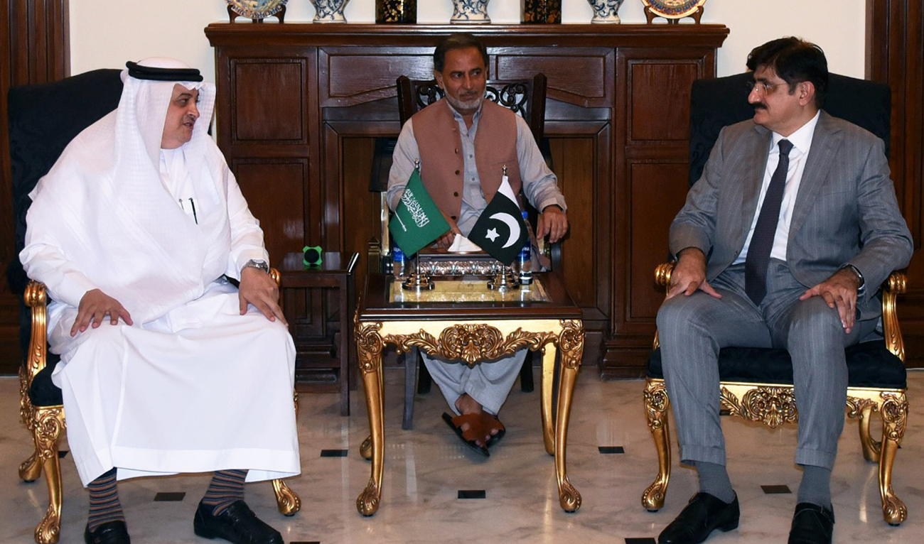 Sindh Chief Minister Murad Ali Shah (right) meeting with the Saudi envoy, Nawaf Said Al-Malky (left) on March 6, 2024, in Karachi, Pakistan. (Photo courtesy: GOP)