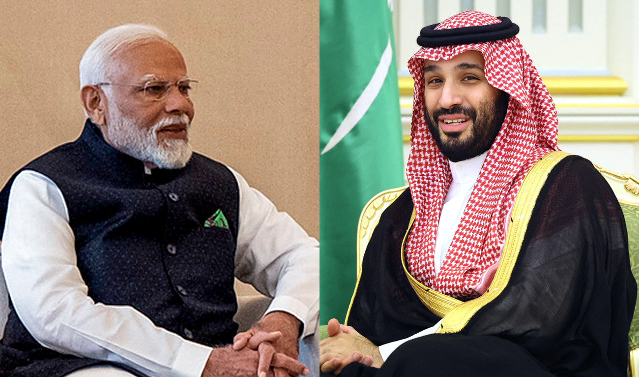 This commination of photos, created on March 7, 2024, shows India’s Prime Minister Narendra Modi (right) at the Presidential Airport in Abu Dhabi on February 13, 2024 and Saudi Crown Prince Mohammed bin Salman in Riyadh on December 6, 2023. (AFP/File)