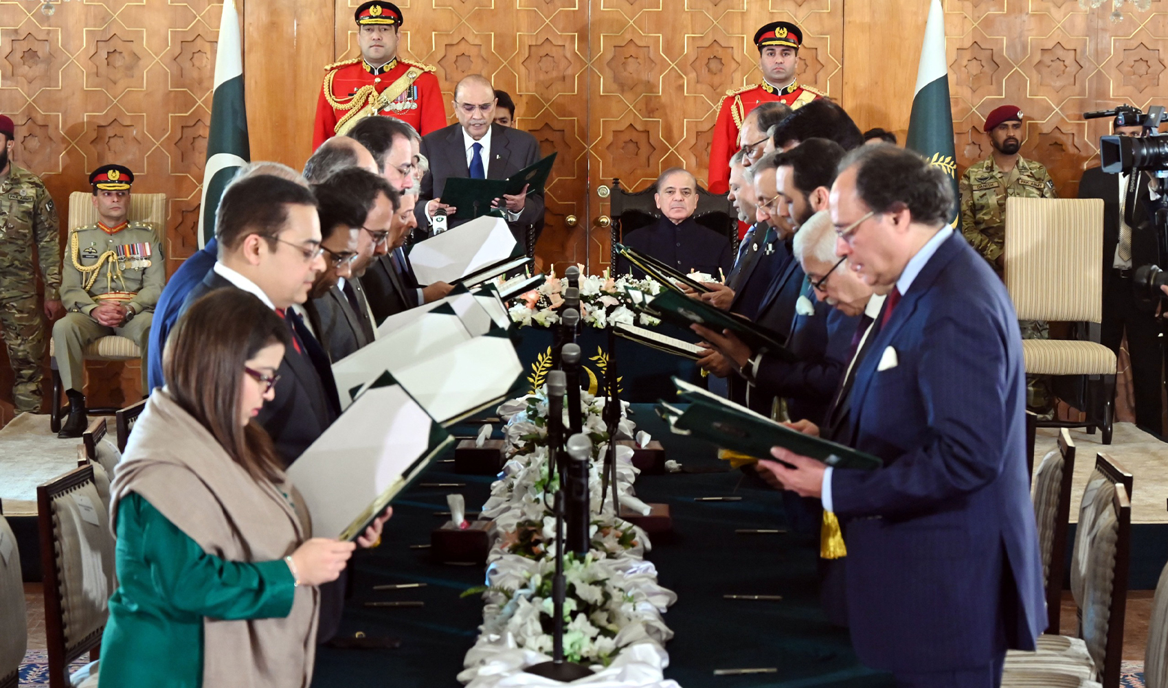 Newly elected Pakistani President Asif Ali Zardari inspects the honor guard at the Presidential Palace in Islamabad, Pakistan on March 11, 2024. (Press Information Department)