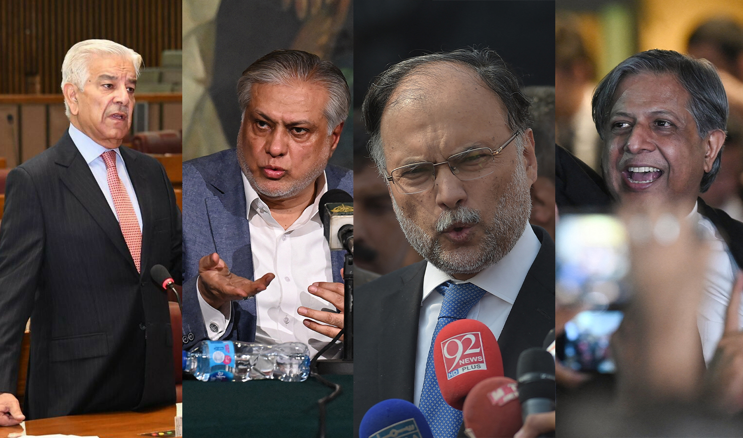 (L-R) The collage of image created on March 12, 2024, shows Pakistan's new federal ministers Khawaja Asif, Ishaq Dar, Ahsan Iqbal and Azam Nazeer Tarar. (National Assembly and AFP)
