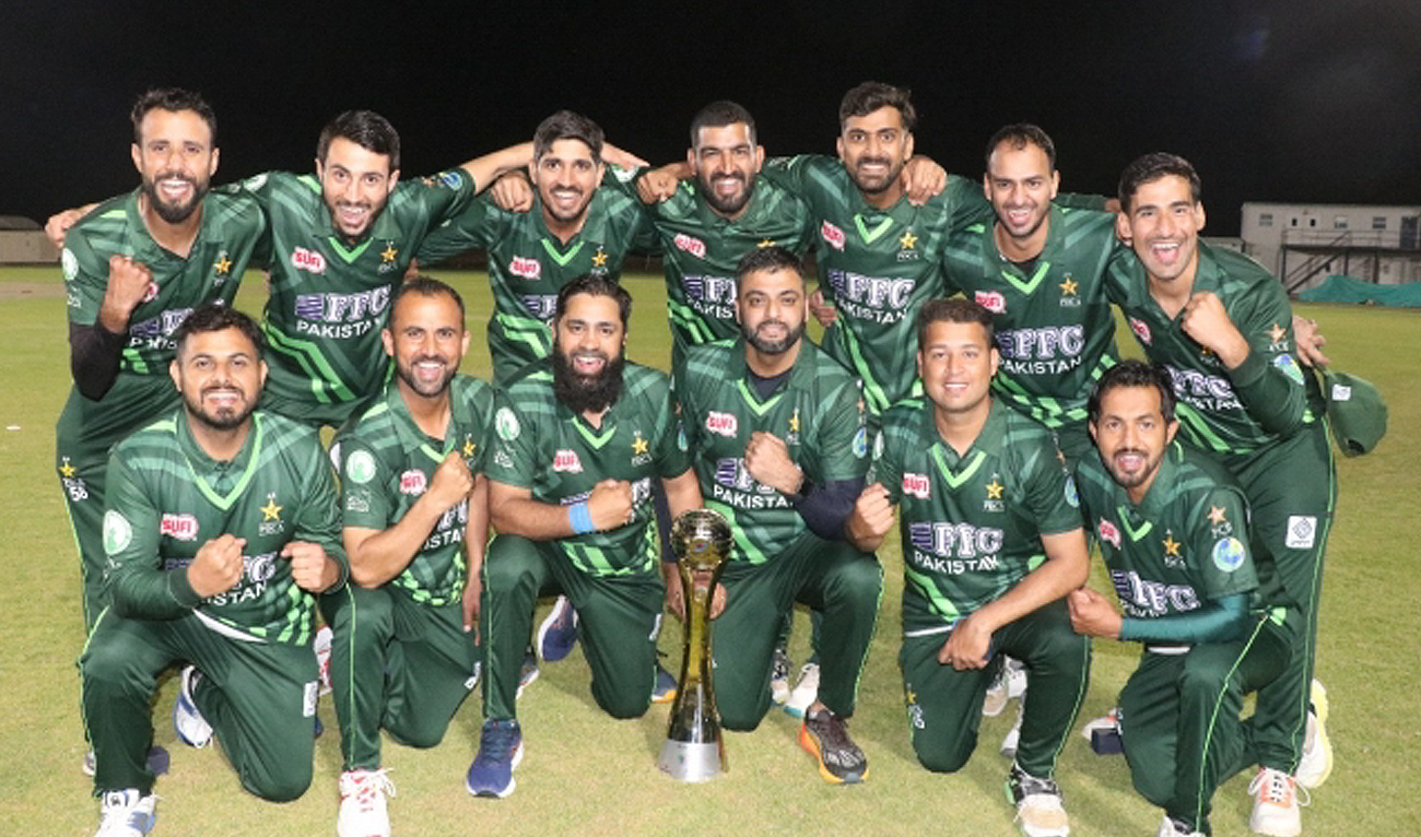 Pakistan Deaf Cricket Team gesture for a group photo after winning Deaf International Cricket Council (DICC) T20 World Cup 2024 in Sharjah on March 13, 2024. (Photo courtesy: PCB)