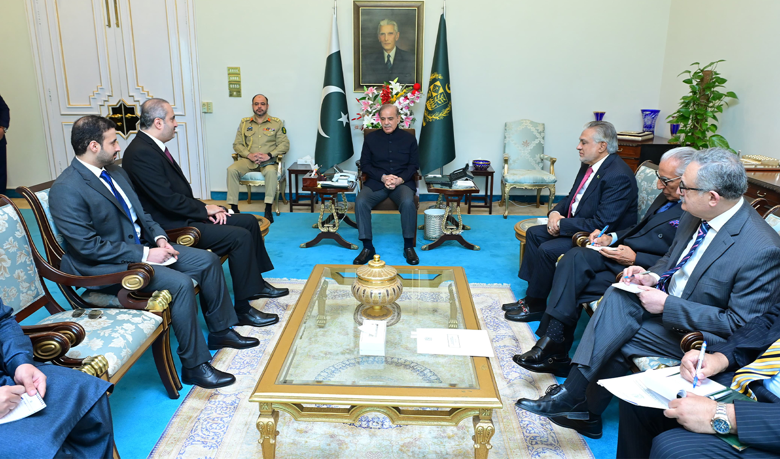 The ambassador of Qatar to Pakistan, Ali Mubarak Ali Essa Al-Khater (second from right) calls on Pakistan Prime Minister Shehbaz Sharif (center) in Islamabad, Pakistan, on March 14, 2024. (PID)