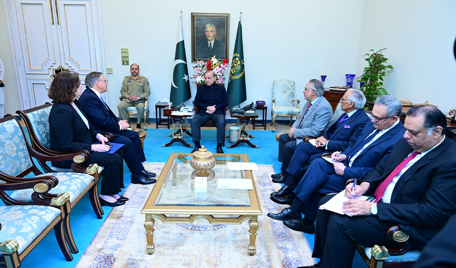 U.S. Ambassador to Pakistan Donald Blome (second in the right row) receives Pakistan Prime Minister Shehbaz Sharif (center) in Islamabad, Pakistan, on March 15, 2024. (Government of Pakistan)